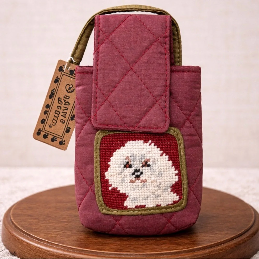 Vintage Needlepoint Dog Pet Treat Pouch Clip On Wool Yarn Quilted NWT